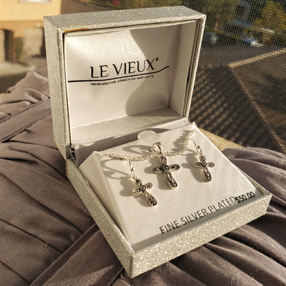 NWT Swarovski Marcasite cross earrings and necklace box set